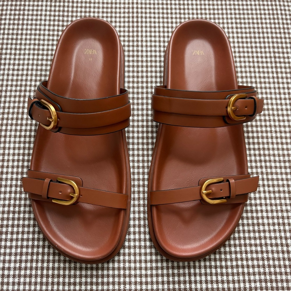 Zara Brown Leather Sandals with Gold Buckles